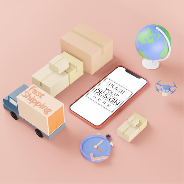 Blank Screen Smart Phone Computer Mockup. Shipping Concept Psd