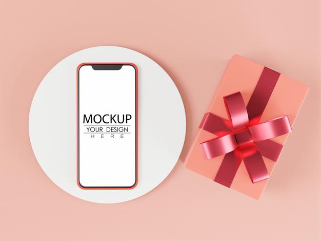 Blank Screen Smart Phone Computer Mockup With Gift Box Psd