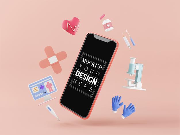 Blank Screen Smart Phone Computer Mockup With Medical Icons Psd