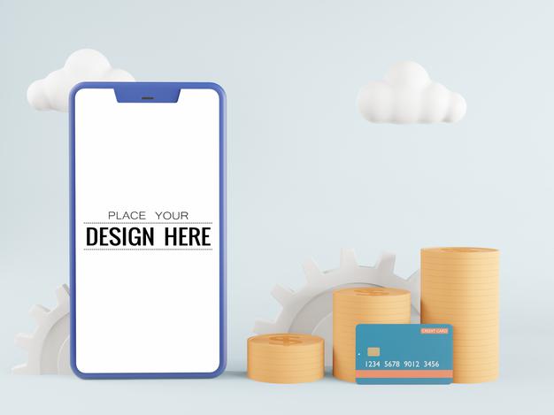 Blank Screen Smart Phone Mockup With Credit Card And Coins Psd