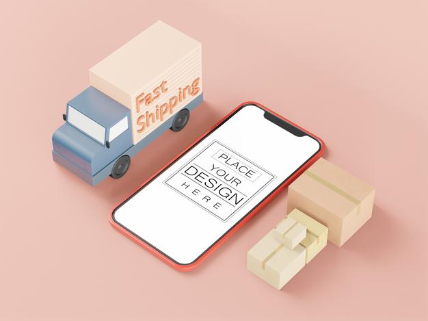 Blank Screen Smart Phone Mockup With Fast Shipping Truck Psd