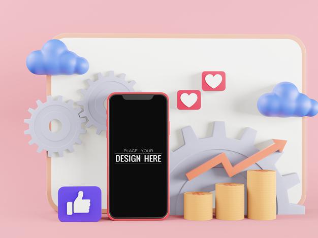 Blank Screen Smart Phone Mockup With Graphs And Gears Psd