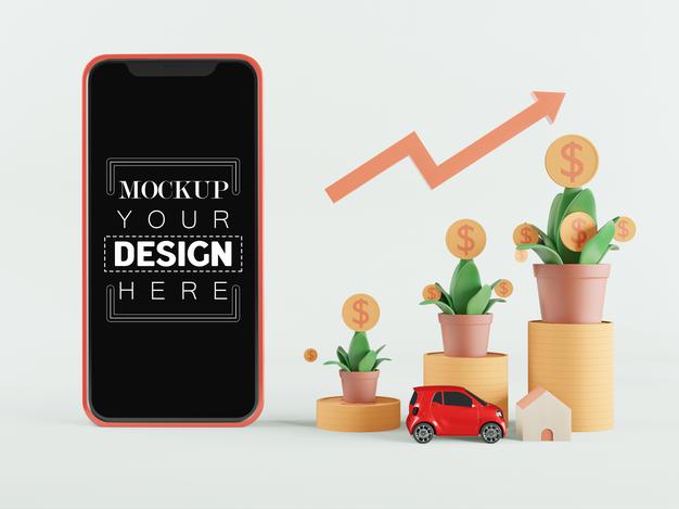 Blank Screen Smart Phone Mockup With Growing Money Psd