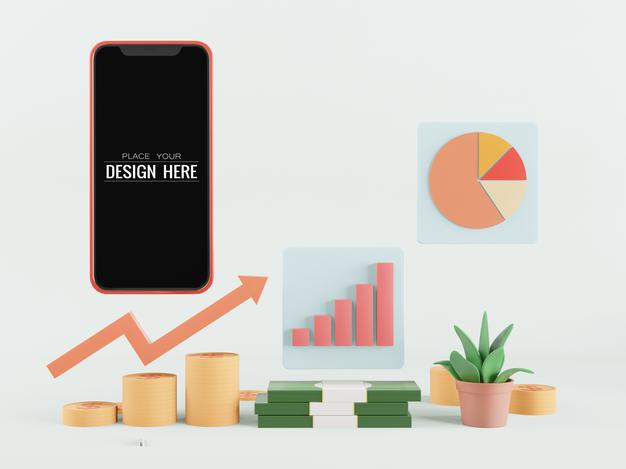 Blank Screen Smart Phone Mockup With Money And Charts Psd