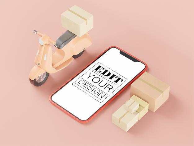 Blank Screen Smart Phone Mockup With Motorcycle And Boxes Psd