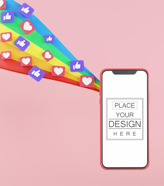 Blank Screen Smart Phone Mockup With Rainbow And Social Media Icons Psd