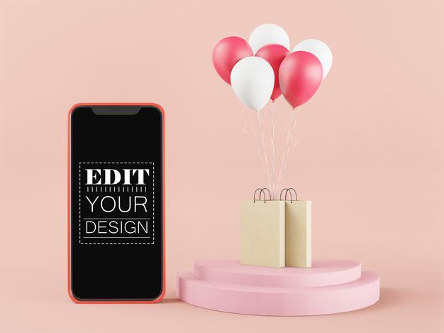 Blank Screen Smart Phone Mockup With Shopping Bags And Balloons Psd