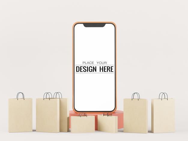 Blank Screen Smart Phone Mockup With Shopping Bags Psd