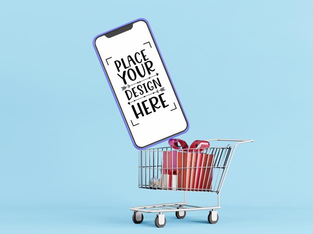 Blank Screen Smart Phone Mockup With Shopping Cart Psd