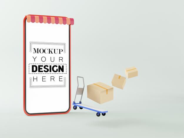 Blank Screen Smart Phone Mockup With Trolley And Parcels Psd