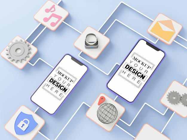 Blank Screen Smart Phone Mockups With Connections Psd