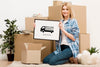Blonde Woman Holding Moving Service Frame Psd