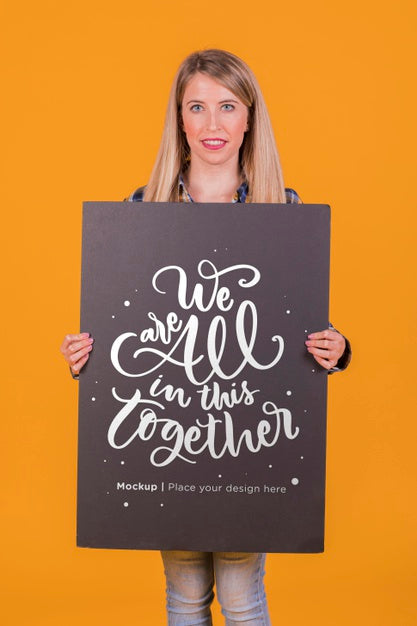 Blonde Woman With Sign Concept Mock-Up Psd