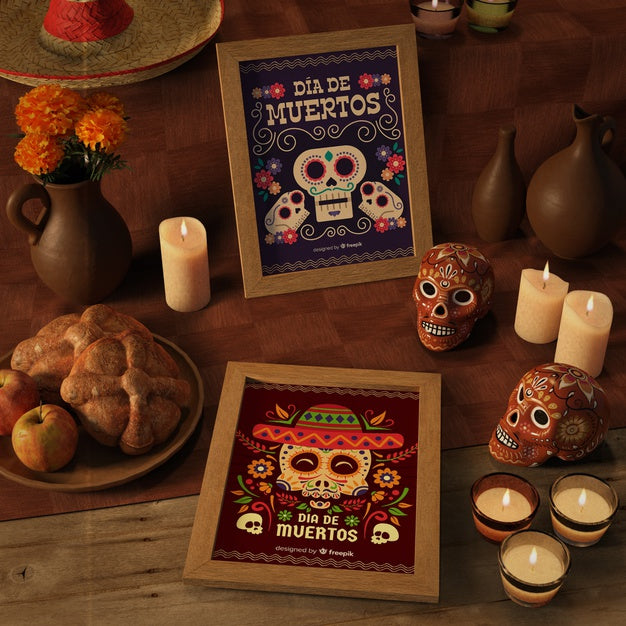 Blue And Red Dia De Muertos Frame Mock-Ups Psd
