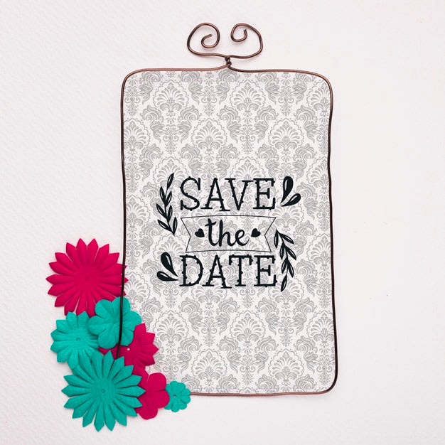 Blue And Violet Flowers Frame Save The Date Mock-Up Psd