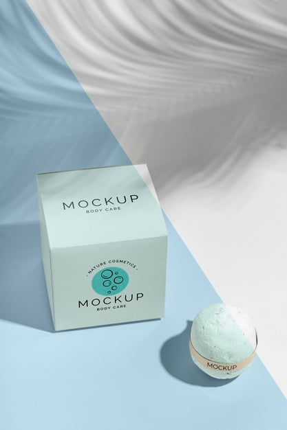 Blue Bath Bomb And Box Mock-Up High Angle Psd