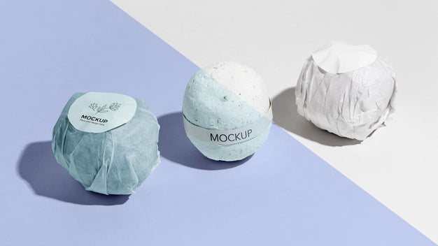 Blue Bath Bombs With Labels Arrangement Psd