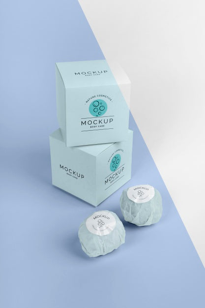 Blue Boxes And Bath Bombs Arrangement Psd