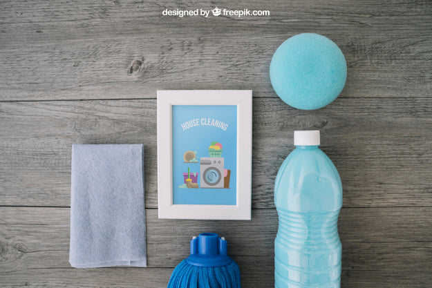 Blue Cleaning Mockup With Frame Psd