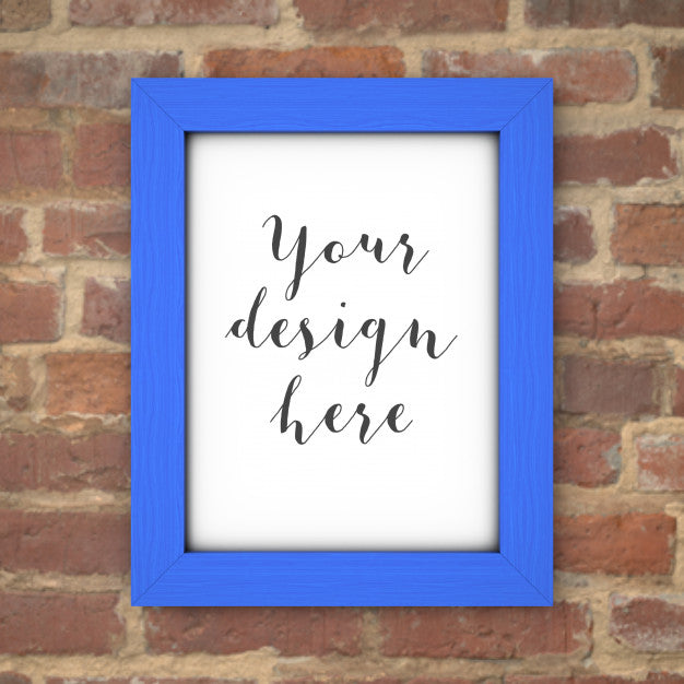 Blue Frame Mockup On Bricks Wall Psd