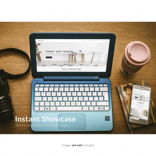 Blue Laptop On Wooden Table Mock Up Psd