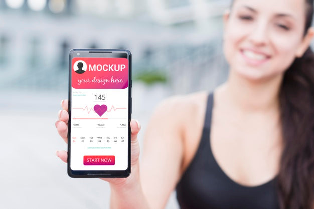 Blurred Fit Woman Holding  Smartphone Mock-Up Psd