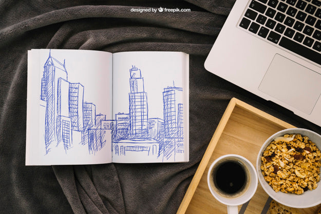 Book Composition With Laptop And Breakfast On Board Psd