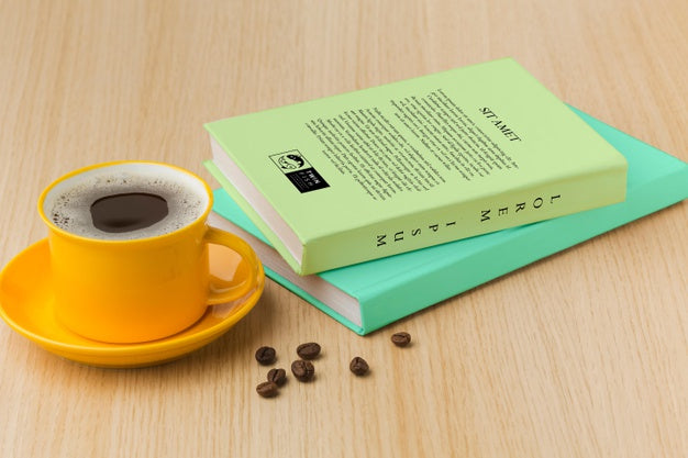 Book Cover Arrangement On Wooden Background With Cup Of Coffee Psd