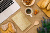 Book Cover Composition With Breakfast And Laptop Psd