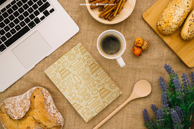 Book Cover Composition With Breakfast And Laptop Psd