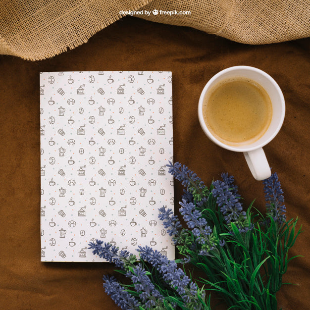 Book Cover Composition With Coffee And Flowers Psd