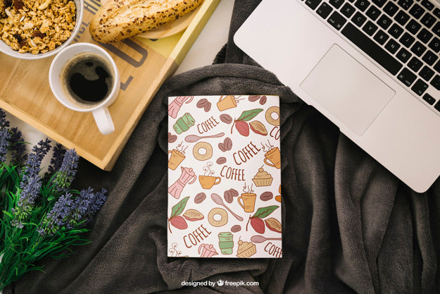 Book Cover Composition With Coffee And Laptop Psd