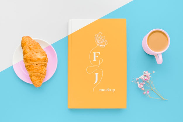 Book Cover Mock-Up Assortment With Cup Of Coffee And Croissant Psd