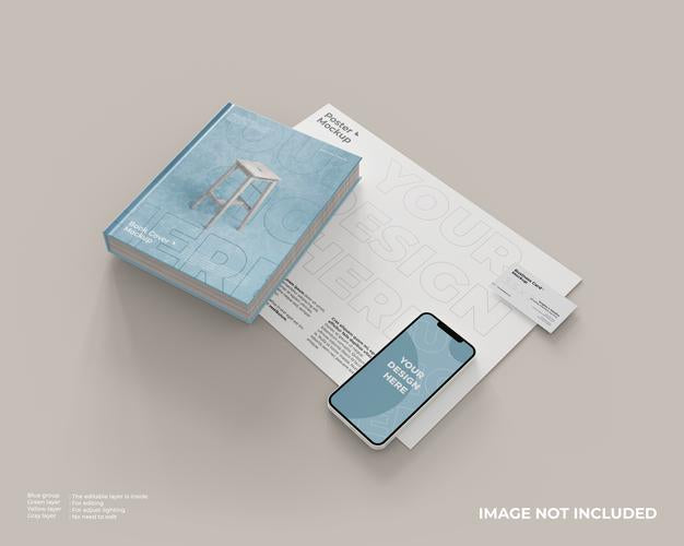 Book Cover Mockup, Smartphones And Business Cards On The Poster Mockup Psd