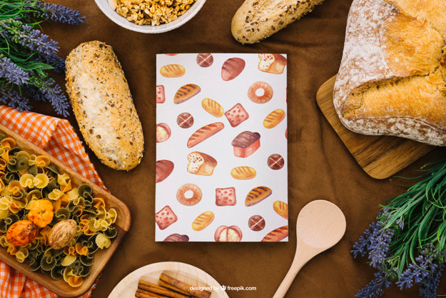 Book Cover Mockup With Bread And Pasta Psd