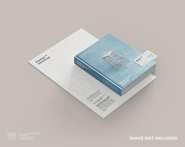 Book Cover Mockup With Poster Below And Business Card Above The Book Psd