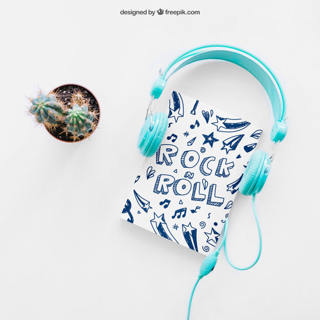 Book Cover Template With Cactus And Headphones Psd