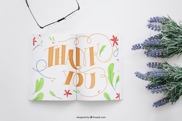 Book Mockup With Flowers And Glasses Psd