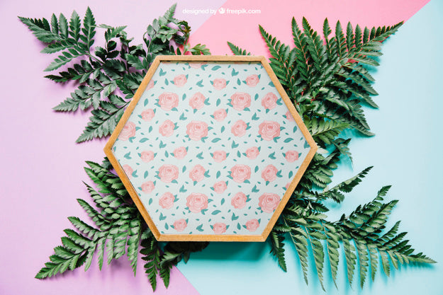 Botanical Mockup With Hexagonal Frame On Leaves Psd