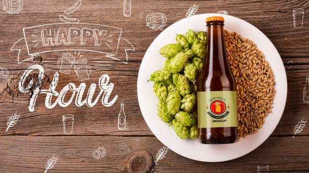 Bottle Of Beer In Plate With Seeds Mock-Up Psd