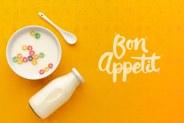 Bottle With Milk Beside Bowl With Cereals Psd