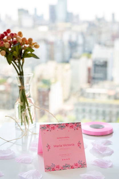 Bouquet Of Flowers And Invitation For Sweet Fifteen Event Psd