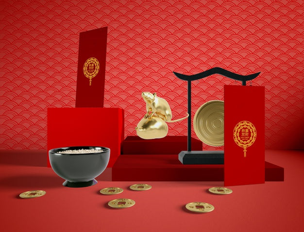Bowl Of Rice And Golden Rat Chinese New Year Psd