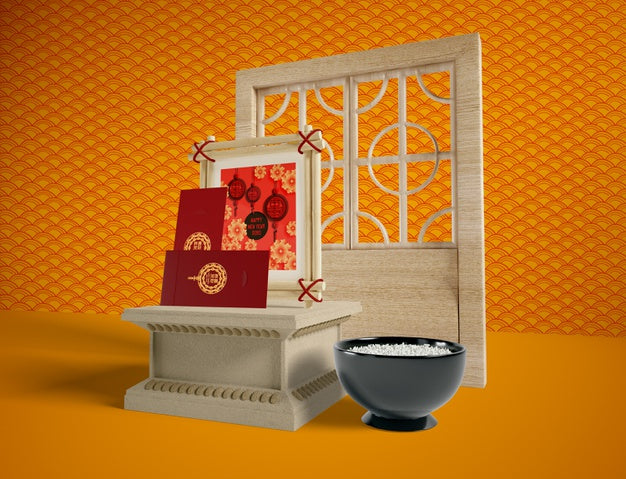Bowl Of Rice And Greeting Cards For New Year Psd