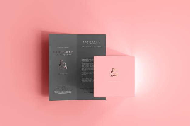 Box With Bi-Fold Brochure Mockup Psd