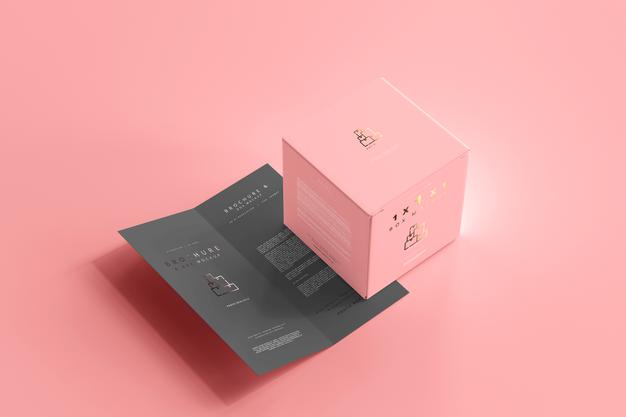 Box With Bi-Fold Brochure Mockup Psd