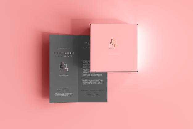 Box With Bi-Fold Brochure Mockup Psd