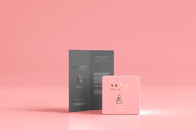 Box With Bi-Fold Brochure Mockup Psd