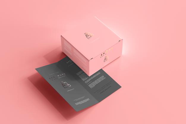 Box With Bi-Fold Brochure Mockup Psd