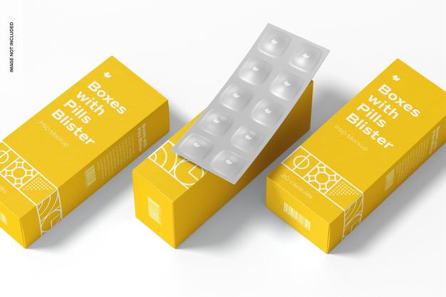 Boxes With Pills Blister Set Mockup Psd